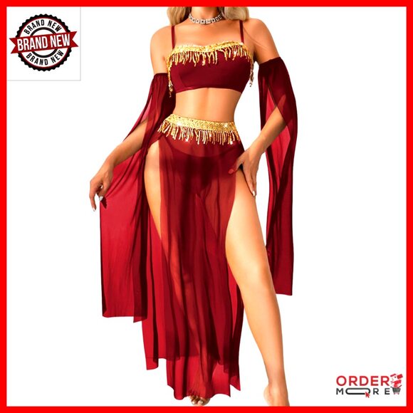 4-Piece Sequin Lingerie Set with Fringe Skirt Adjustable Straps XS-XL